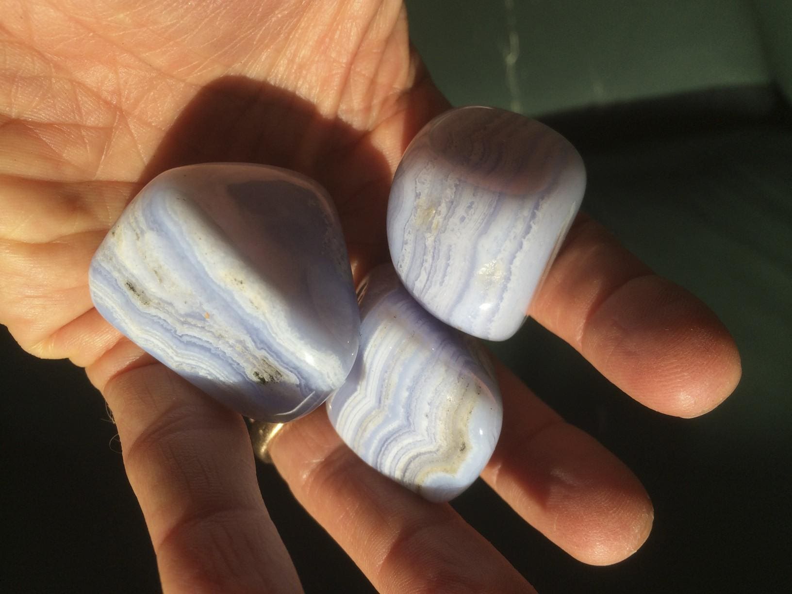 Blue Lace Agates - soothing but weighty - and gently colored, as should be our self talk and assertions to the world.