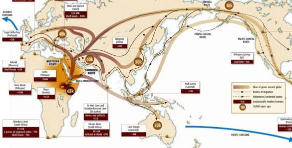 This interesting map shows the genesis - from East Africa - of humans populating the rest of the globe, beginning only 65,000 years ago.