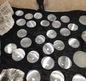 Amidst the many Azestulite variety boulders & bags by weight, were some more recognizable stones, like these Selenite saucers.