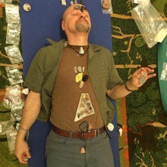 Actual body layout on me, with all the little bags containing Robert's various Power Stones.