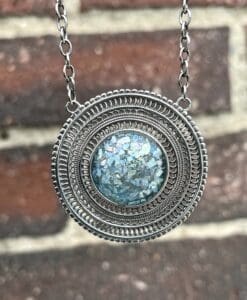 Roman Glass (sea blue) round filigree pendant necklace healing crystal