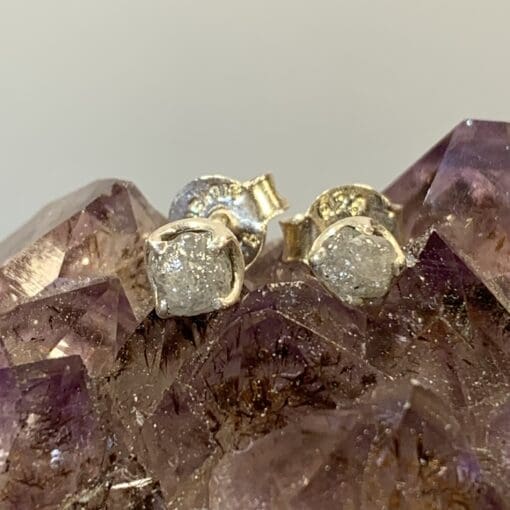 Diamond (rough) stud earrings, Sterling set, healing crystal - Image 3