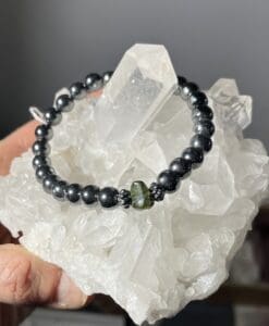 Moldavite bracelet (rough tumble, 3.6gr) large stretchy w Hematite beads